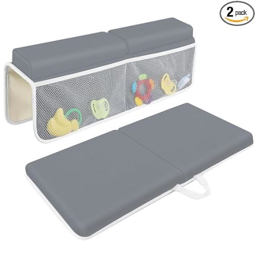 JJGoo Bath Kneeler with Elbow Rest Pad Set, 1.5 inch Kneeling Pad Mat for Bathtub Baby Bathing Parents, Painless Foam Mat with Toy Organizer Pockets, Non-Slip for Baby and Toddler Bathing，Dark Grey