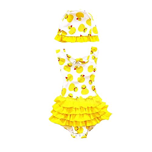Baby Girls One Piece Swimsuit Cute Duck Print Toddler Kids Swimwear Beachwear Bathing Suit Summer Clothes with Hat (12-18 Months, Yellow)