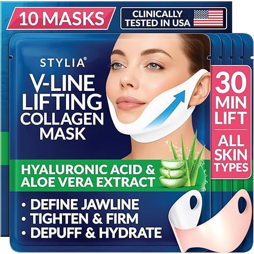 STYLIA V Line Lifting Collagen Mask - Lift, Firm & Contour Jawline - Tightening Double Chin Strap with Hyaluronic Acid & Aloe - Neck Lift & Face Tightening Mask - Jawline Shaper Face Lift Tape (10PC)