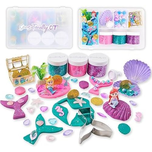 Mermaid Sensory Dough Kit (3 Jars) Non-Toxic Dough with Cutters, Stampers, Coins, Pearls, Seahorses, Starfish, Treasure Box - Perfect Creative Play and Gift for Kids & Toddlers