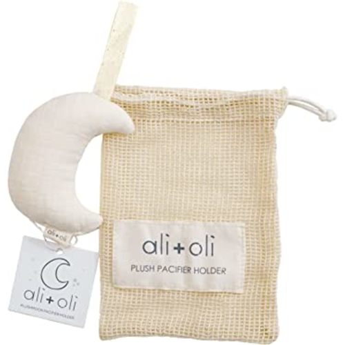 Ali+Oli Plush Muslin Cotton Pacifier Holder (Moon-Ivory) Soft Binky Holder for Babies, Plush Holder for Pacifiers, Cute Baby Binkies Plush Holder, Pacifier Holder for Baby Boys & Girls