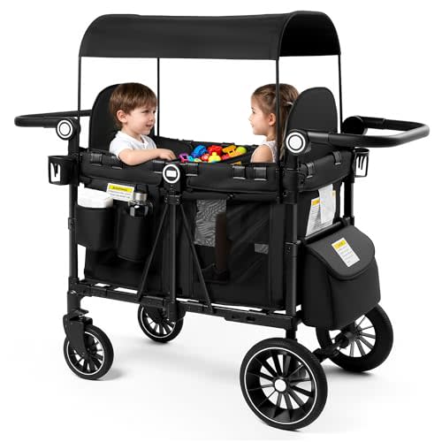Kinder King Wagon Stroller for 2 Kids, Shock-Absorbing Wheel, Black | All-Terrain 2 Seater Foldable Outdoor Stroller Wagon, Adjustable Handle, Removable Canopy, Detachable Tray, Large Storage