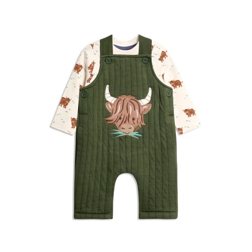 Highland Cow Print T-Shirt & Appliqué Overalls Set, 3-6M
