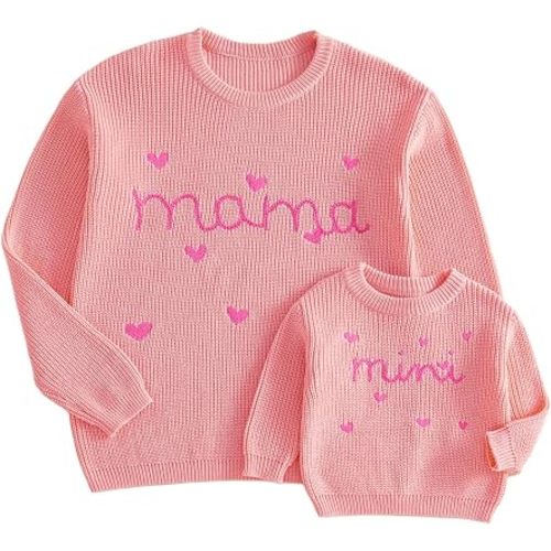 Mommy and Me Sweater Matching Family Outfit Long Sleeve Knit Sweater Pullover Mom and Baby Clothes