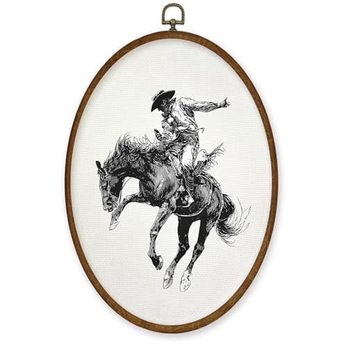 WULQYING Vintage Western Cowboy Wall Art Decor, Country Cowboy Rodeo Oval Framed Canvas Art Prints, Rustic Western Horse Wall Hanging Decor for Boys Home Bedroom Living Room, 8.6x11.4 Inches