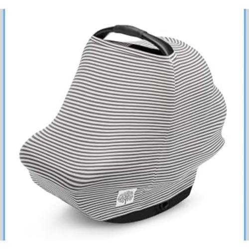 Parker Baby 4 in 1 Car Seat Cover for Girls and Boys - Stretchy Carseat Canopy, Nursing Cover, Grocery Cart Cover, High Chair Cover - “Pewter/Snow Stripes”