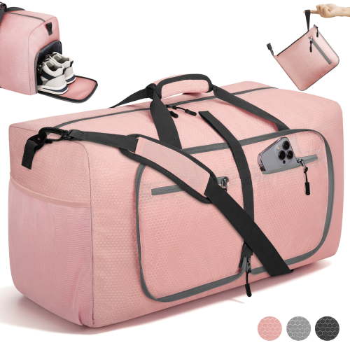 65L Large Duffle Bag for Travel - Foldable Men Women Duffel Bag with Shoes Compartment - Gym Overnight Bags Waterproof & Tear Resistant(Pink)