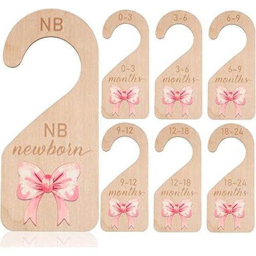 7PCS Wooden Baby Closet Dividers, Pink Bow Baby Clothes Organizer, Double-Sided Nursery Clothes Size Hanger Organizer from Newborn to 24 Months for Boho Nursery Decor