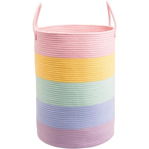 Rope Laundry Basket Hamper for Kids Girl Woven Storage Basket for Living Room Bedroom Boho Tall Baskets for Blanket Toys Pillow Towels Baby Nursery Hamper Bin rainbow Large