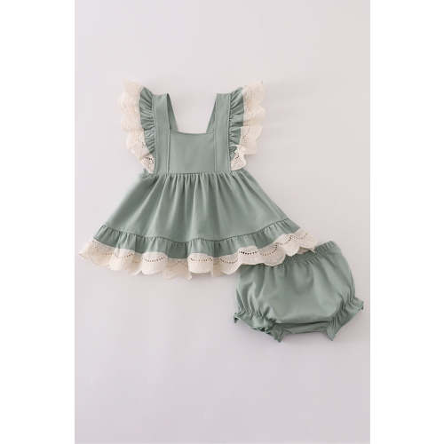 Sage lace ruffle bloomer set