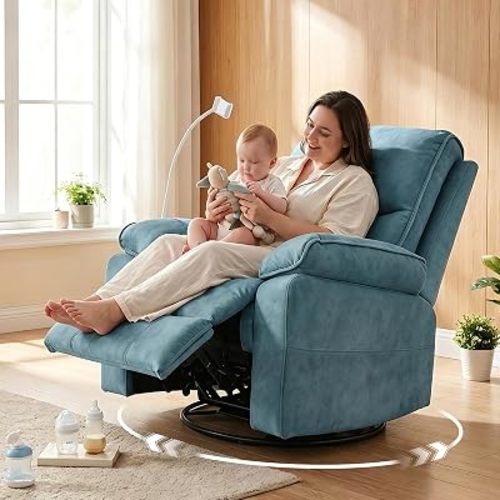 360° Swivel Glider Rocking Chair Nursery， Oversized Recliner with Phone Holder，Nursing Chairs for Breastfeeding with Wide Foot Rest for Living Room and Baby Room,Blue