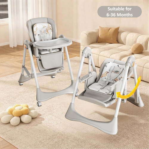 Iris Baby 4 in 1 Convertible Folding Baby High Chair Infant Dining Chair Baby Swings Eat &Play Center Combo with Universal Wheels,PU Leather,Baby Feeding Chair for Toddlers and Babies,Light Gray