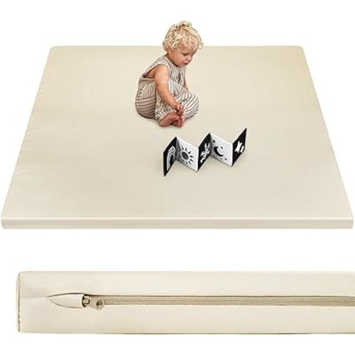 Baby Play Mat 50x50 Thicken Foam Cushioned & Waterproof Playpen Mat with Baby Book, 1.3" Thick Non-Toxic Cushioned, Waterproof Soft Crawling Mat for Infants and Toddlers, Wipe-Clean Playmat, Beige