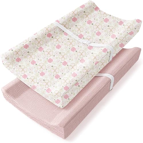 Bearmoss Baby Changing Pad Cover, Muslin [100% Cotton] Diaper Table Covers, 32'' x 16'' Soft Breathable Changing Pad Sheets for Unisex Baby Girls and Boys with Strap Holes (Pink)