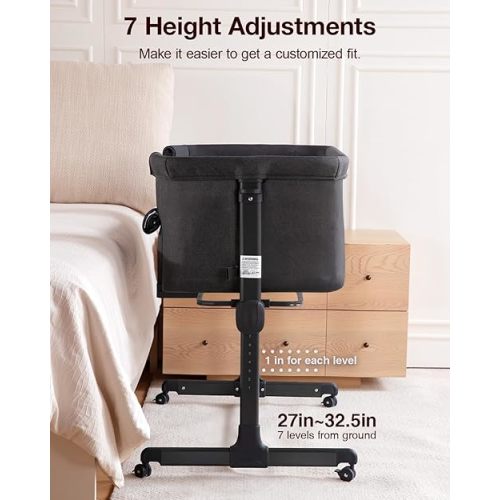 Larex Baby Bassinet, 3 in 1 Bassinets Bedside Sleeper for Newborn, Portable Crib Adjustable 7 Height Bedside Bassinet with Mattress and Wheels Dark Grey