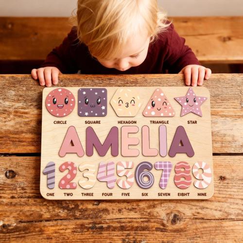 Personalized Wooden Name Puzzle: Shape & Number Sorter with Pegs
