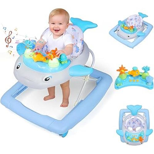 Baby Walker with Wheels, Music and Lights Foldable Baby Walker, 3 Adjustable Heights, Activity Walker for Baby Boy and Girl 6-18 Months, Blue