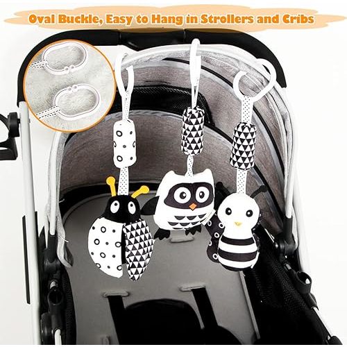 KAKIBLIN Baby Hanging Toy,3 Pack Black and White Baby Toys for 3 6 9 12 Months, High Contrast Hanging Toys,Plush Soft Stroller Rattles Toy for Boys and Girls(21CM, Ladybug,Bee & Owl)
