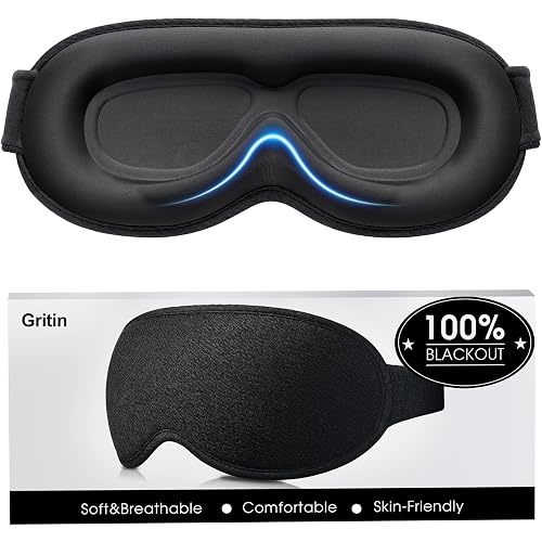Gritin 100% Blackout Sleep Eye Mask for Women Men, Zero Pressure Sleeping Mask - Ergonomic Design 3D Cutout Eye Movement and Eyelash Friendly Night Blindfold, Ultra Soft Comfortable for Sleeping