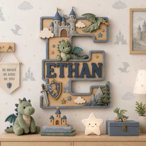 Personalized Baby Name Sign, 3D Wooden Knight Nursery Decor, Baby Boy Room Wall Art, Dragon Castle Nursery Name Sign, Baby Shower Gift Boy