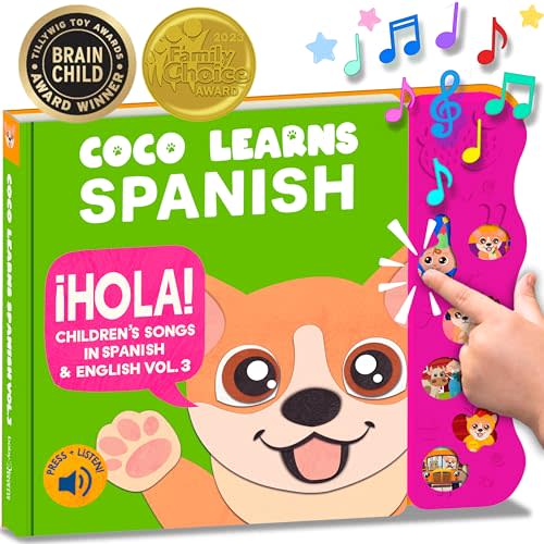 Coco Learns Spanish: Musical Spanish Books for Kids 1-3, Spanish English Toys for Babies & Toddlers 1-3, Baby & Toddler Spanish Books, Bilingual Learning Toys 1 Year Old, Libros Infantiles en Espaol
