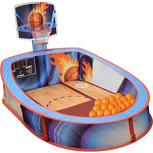 Large Basketball Sport Pop Up Ball Tent with Basketball Hoop and 20 Soft Balls for Toddler Kids, Folds for Easy Storage