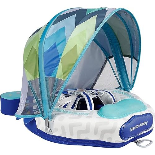 Mambobaby Float Upgrade Add Tail Baby Float with Canopy for Infant Waist Swimming Ring Swim Trainer Non-Inflatable Floats Toys with Adjustable Safety Strap (Blue - Colorful Fish)