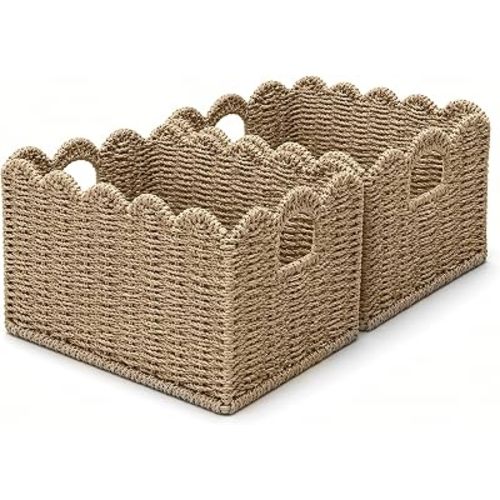 ByteX Scalloped Basket Set (2 Large Baskets) Seagrass Wicker Storage Baskets for Nursery & Kids Books | Decorative Scalloped Edge Rattan Style Book Basket for Toys, Shelves & Decor