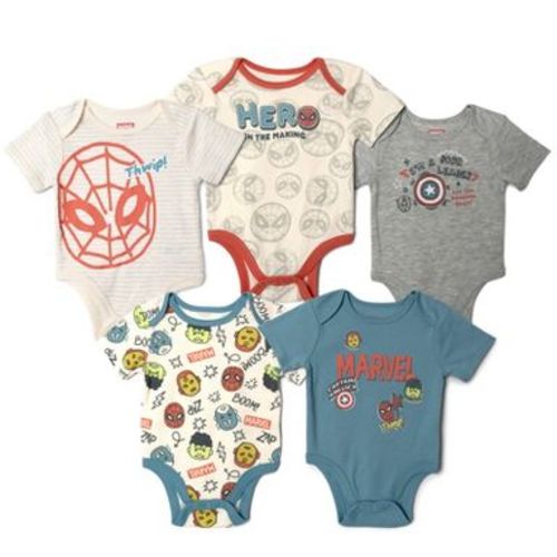 Marvel Comics Baby Boys' 5-Pack Graphic Short Sleeve Creepers Avengers Blue Grey 6-9 Months