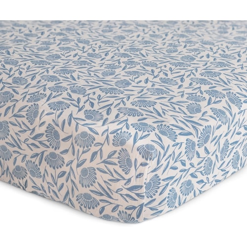 mushie Extra Soft Muslin Fitted Crib Sheet | 192 Thread Count | 28"x 52" (Blue Flowers)