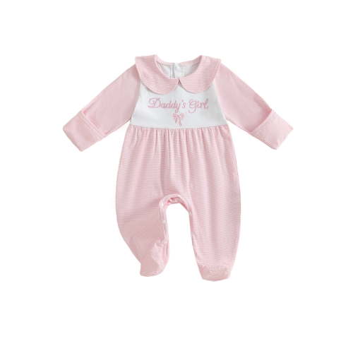 BemeyourBBs Newborn Baby Daddy's Girls Outfit Footied Romper Stripe Letter Embroidery Long Sleeve Jumpsuit Fall Winter Clothes