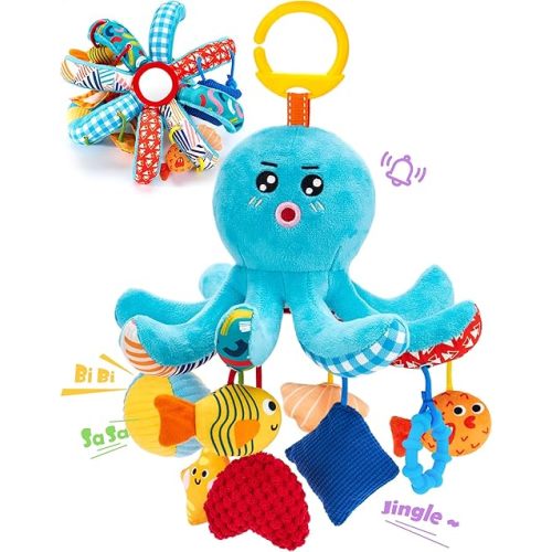 hahaland Baby Toys 0-6 Months - Car Seat Toys Octopus Toy with Pulling Cords, Squeaky, Crinkle, Rattle, Mirror, Montessori Newborn Sensory 4 Month Babies Gift Stroller Carseat Hanging Toy for Baby Gym