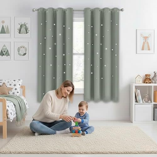 NICETOWN Sage Green Blackout Curtains with Star Hollow Out, 1 PC, W52 x L63
