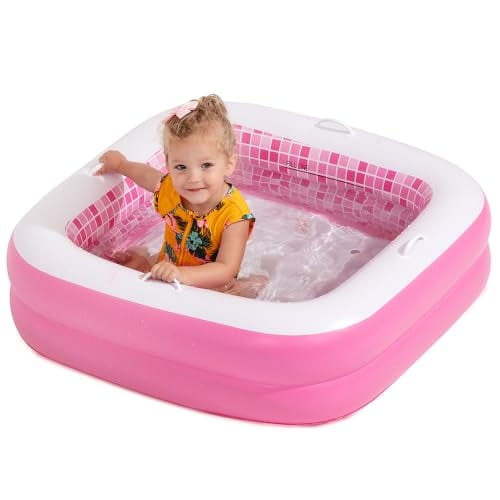 Inflatable Baby Bath Tub & Play Pool for Toddlers with Grip Handles, Padded Floor, Drain, 34" Playful Pink