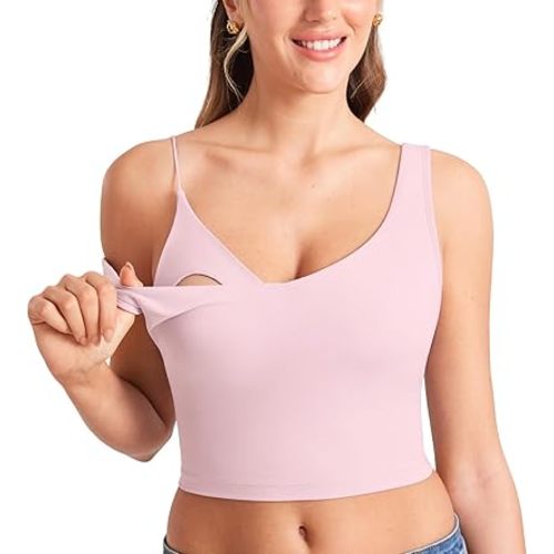 MOMANDA Women's Nursing Bras Longline Sports Breastfeeding V Neck Sleeveless Crop Tank Top with Built in Bra