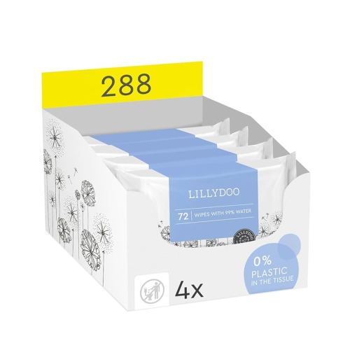LILLYDOO Hypoallergenic 99% Water Wipes, Unscented & Plastic-Free, Resealable Packs (288 Wipes Total)