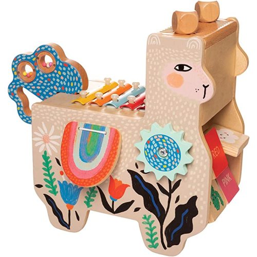 Manhattan Toy Musical Llama Wooden Instrument for Toddlers with Maraca, Clacking Saddlebags, Drumsticks, Washboard & Xylophone