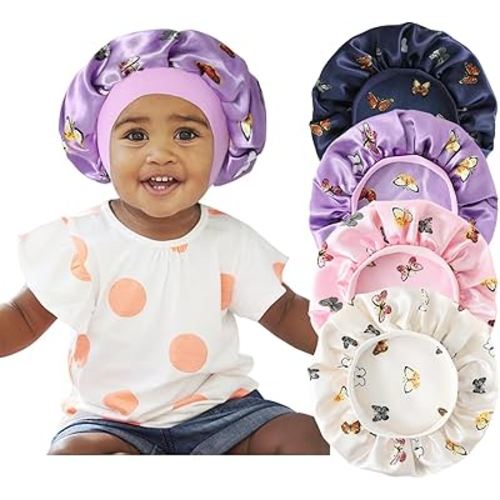 4 Pcs Silk Bonnet for Sleeping Kids Bonnets for Girls Baby Satin Sleep Cap Hair Wraps for Curly Natural Hair Elastic Wide Band,Butterfly