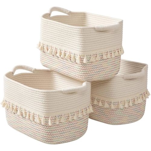 TeoKJ Woven Baskets for Storage, Set of 3 Cotton Rope Basket with Handle for Decor and Storage, Cute Baskets for Organizing in Classroom, Kitchen, Bathroom, White & Stitches Rainbow