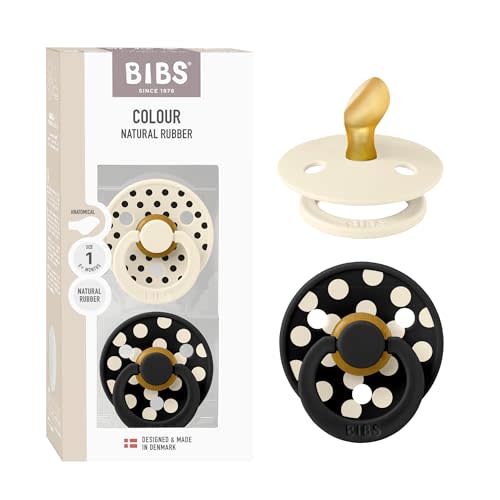 BIBS Colour Polka Dots Pacifier, 0-6 Months, 2-Pack, Ivory/Black | Anatomical Natural Rubber Nipple | Size 1 | BPA-Free | Made in Denmark | High Nipple Acceptance | Airflow Holes