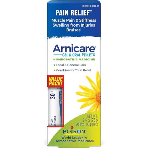 Boiron Arnicare Gel and Arnica 30c Value Pack for Pain Relief, Muscle Soreness, and Swelling from Bruising or Injury - 2.6 oz + 80 Pellet Tube