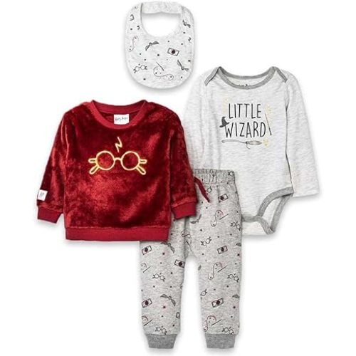 Harry Potter Boys Infant One Piece Bodysuit Long Sleeve Sweatshirt Jogging Pants and Bibs - 4 Piece Cozy Set - 18 Months - Burgundy/Grey