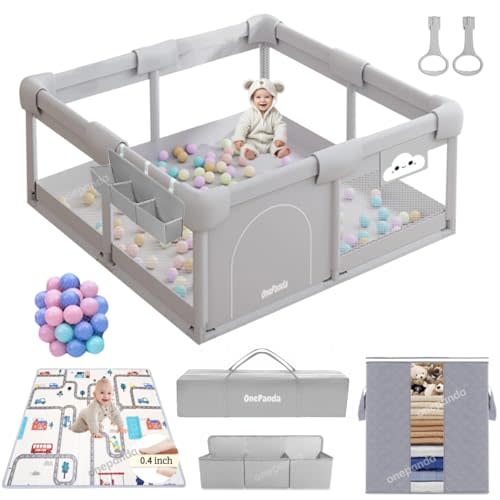 Large Baby Playpen with Mat, 50"x50" with Thickened Anti-Collision Sponge for Babies and Toddlers, with Ocean Balls, Gate, Storage Bag, Playard Gym for Babies, Activity Center, Kids Fence Light Gray