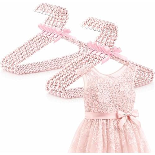 Pink 12 Pcs Pearl Beaded Clothes Hanger Mini Pearl Beads Small Metal Clothes Hangers with Ribbon Standard for Kids Baby Children Pet Dog