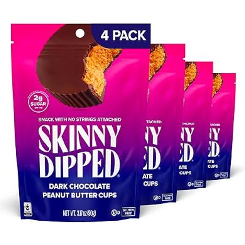 SkinnyDipped Dark Chocolate Peanut Butter Cups, 2g Sugar per Cup, Keto Friendly, Low Carb, Gluten Free, 3.2oz, 4 Pack (24 Cups Total)