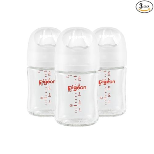 Pigeon Glass Baby Bottles Wide Neck, 5.4 Oz, Pack of 3 | Nurture & Nest, Borosilicate Glass, Anti-Colic Bottle, Natural Feel, Easy to Clean, Includes 3pcs Stage 1 Nipples (0M+)