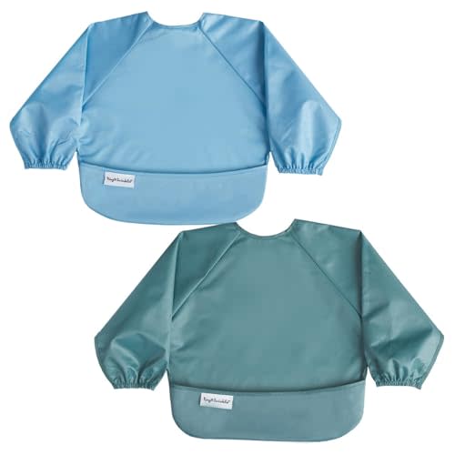 Tiny Twinkle Long Sleeve Bib for Babies & Toddlers | 2-Pack Waterproof Smock Bib for Eating | Machine Washable & Mess-Proof Feeding Essentials | Newborn Shower Gift (Slate Olive,6–24M)