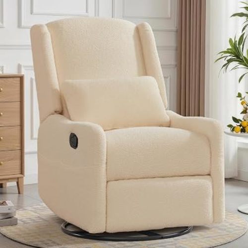 Korser Glider Recliner Rocking Chair, 360° Swivel Boucle Nursery Chair, Comfy Upholstered Recliner for Nursery, Living Room & Bedroom,Khaqi