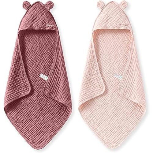 Momcozy Baby Towels, 6-Layer 100% Cotton Muslin Hooded Baby Towel Set for Newborn, Infant & Toddler, Soft Absorbent Baby Bath Essentials, Large 32 x 32 Inch