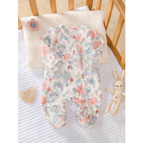 SHEIN Newborn Baby Girl Cute Bow Print Knitted Soft Casual Crew Neck Long Sleeve Footie Jumpsuit, Soft & Comfortable, Suitable For Valentine's Day Outfit And Gift | SHEIN USA